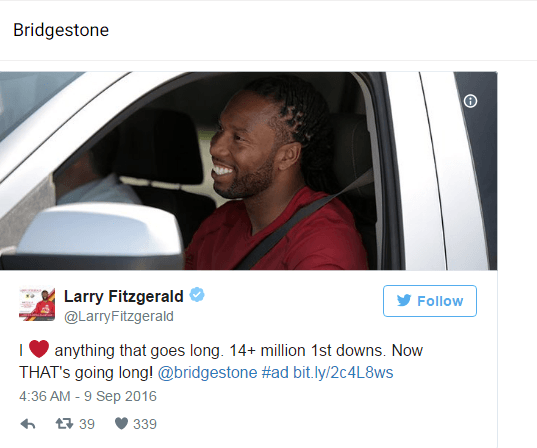 Influencer marketing in digital marketing Larry Fitzgerald featured in Bridgestone.