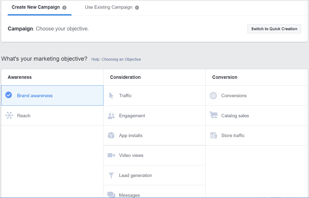 Choose your campaign objective on facebook