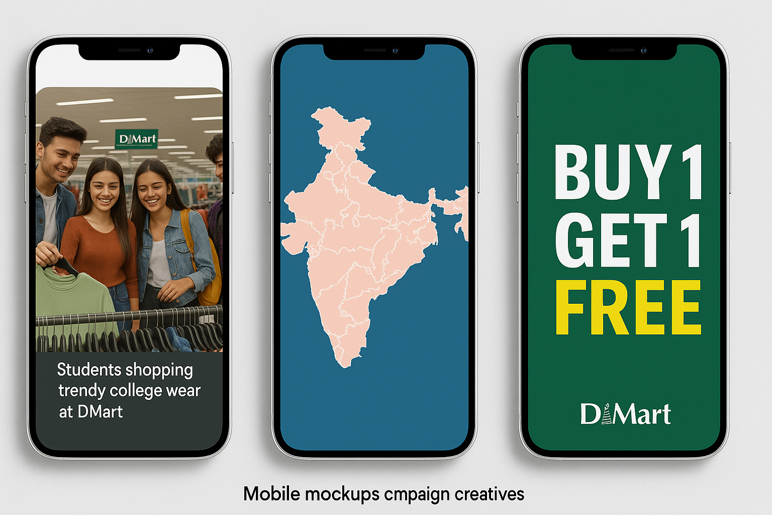 Mobile mockups showing DMart campaign creatives