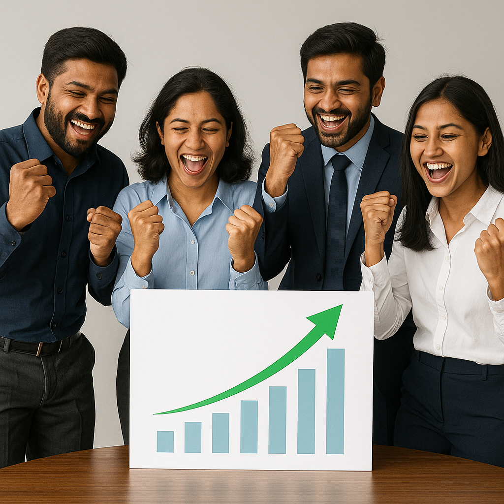 Team celebrating business growth